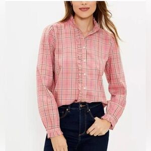 LOFT Button Up Shirt Women’s Pink Brown White Plaid Long Sleeve Ruffle